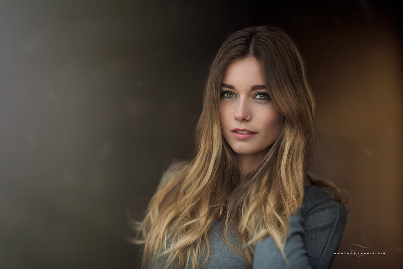 model, blonde, hazel eyes, women, Manthos Tsakiridis, pierced nose, 1080P, portrait, freckles