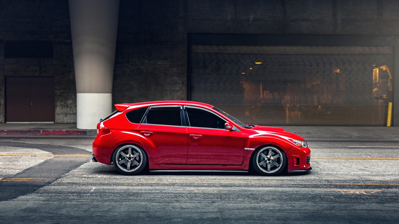 subaru impreza wrx sti, wheel, car, mode of transportation, built structure, city, on the move, outdoors, day, red, 4K, motor vehicle, side view, motion