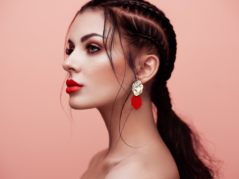earring, makeup, dark hair, 1080P, lipstick, bare shoulders, braids, long hair, pink, simple background, portrait, glamour, women, pink background, eyeliner