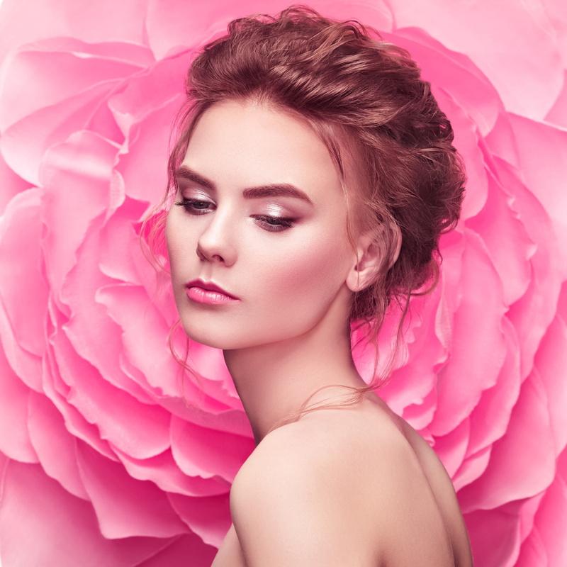 pink lipstick, lipstick, portrait, 1080P, bare shoulders, petals, brunette, makeup, lip gloss, women, flowers, pink, Oleg Gekman, eyeshadow