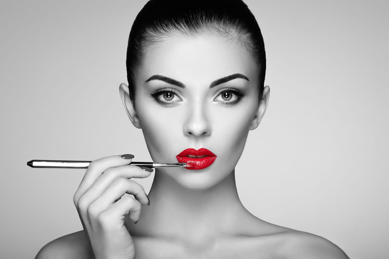 red lipstick, lipstick, brush, makeup brush, looking at viewer, portrait, Oleg Gekman, women, monochrome, makeup, simple background, red, 1080P