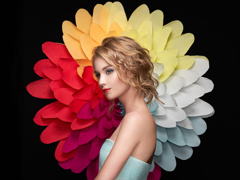 eyeliner, 1080P, lipstick, portrait, black background, Oleg Gekman, bare shoulders, looking away, blonde, glamour, makeup, women, dress, flowers, short