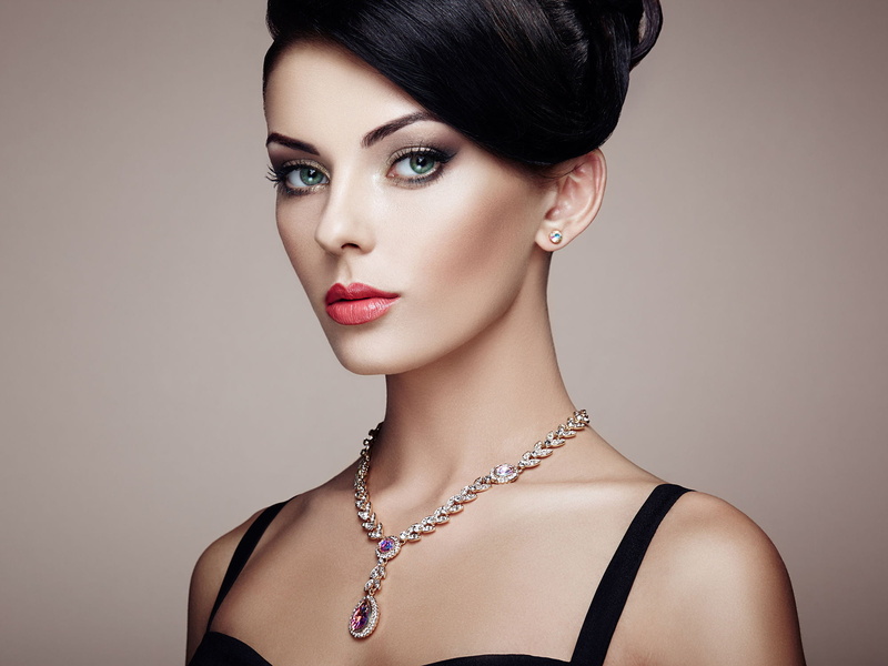 black clothing, lipstick, necklace, make up, dark hair, glamour, red lipstick, 1080P, hairbun, Oleg Gekman, green eyes, earring, women, fashion, simple background