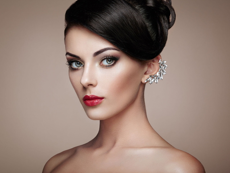 red lipstick, simple background, glamour, portrait, make up, earring, hairbun, 1080P, fashion, women, Oleg Gekman, dark hair