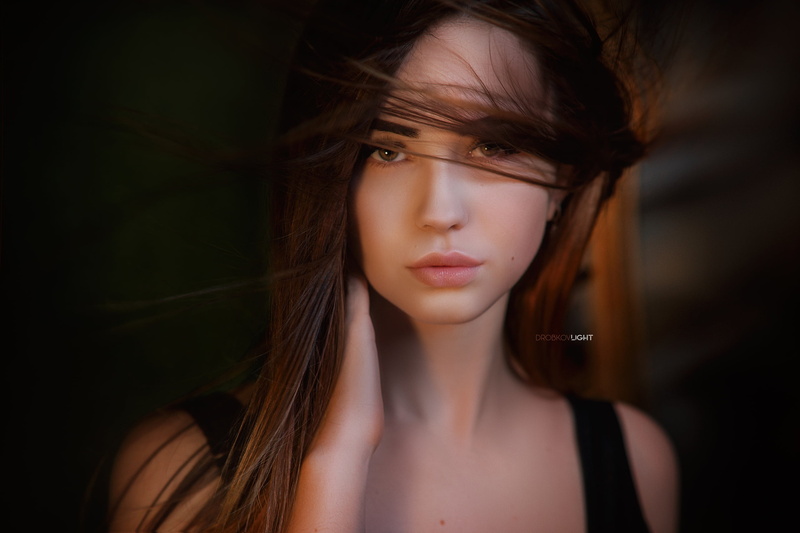 2K, model, mouth, looking at viewer, face, portrait, dark eyes, brunette, bare shoulders, Alexander Drobkov, long hair, lips, straps, hair in face