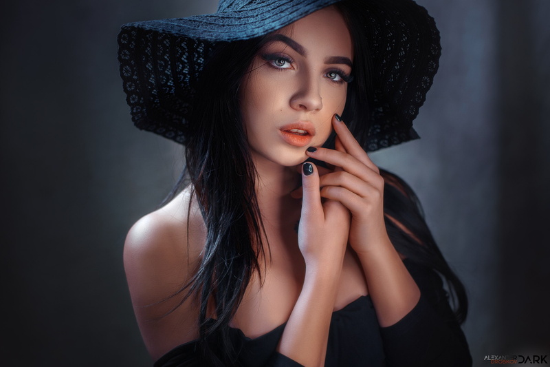 face, look, Alexander Drobkov-Dark, portrait, Angelina, model, hat, 2K, hands