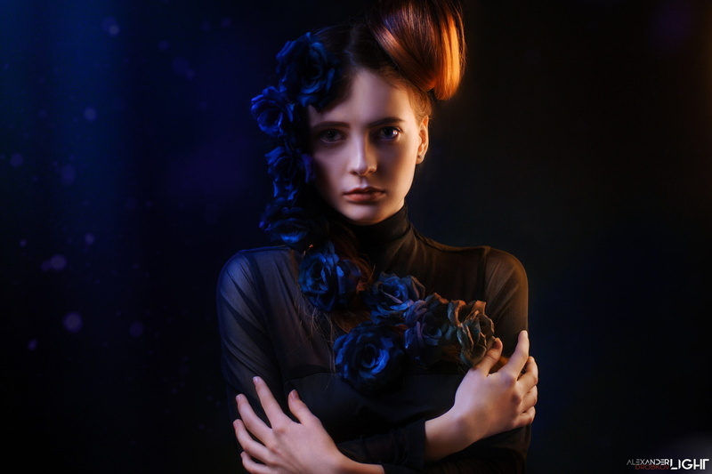 Alexander Drobkov-Light, hands, model, roses, 2K, look, style, hairstyle, the dark background, Eva Lapenko, pose, flowers, portrait