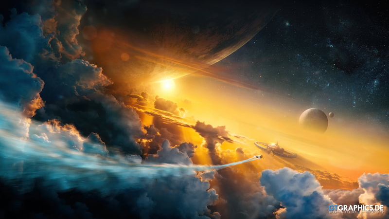 floating, Sun, 720P, clouds, lens flare, space, science fiction, spaceship, planes, planet, stars, smoke