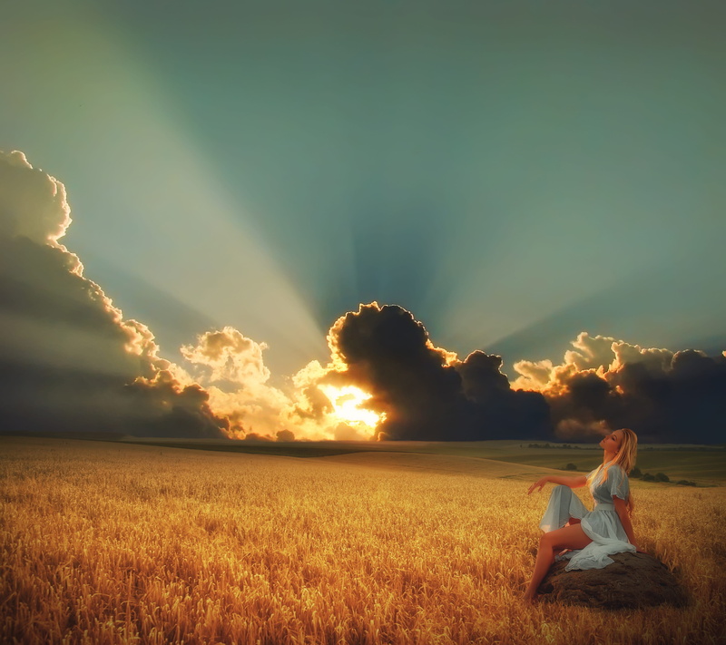 girl, land, 4K, landscape, nature, leisure activity, scenics - nature, beauty in nature, fantasy, photo montage, photoshop, sky, sunset, tranquility, outdoors