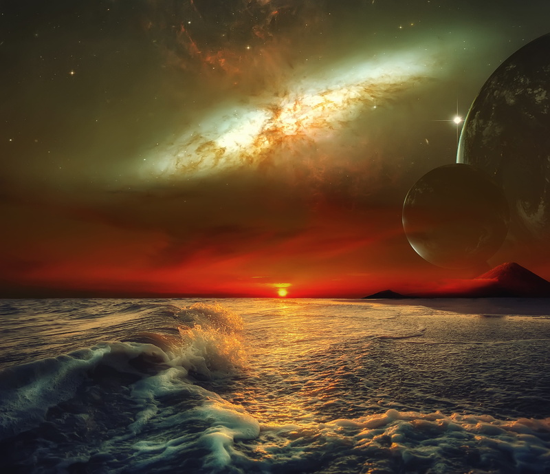 horizon, beauty in nature, fantasy, space, planet, cloud - sky, astronomy, horizon over water, nature, tranquility, 2K, scenics - nature, idyllic, photo montage
