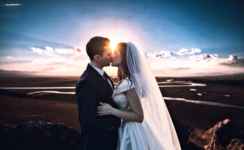 retouching, lovers, arlamovsky, 1080P, Wedding photo, kissing, couple, clear sky, landscape, photography, wedding dress, horizon, Photoshop, sunset