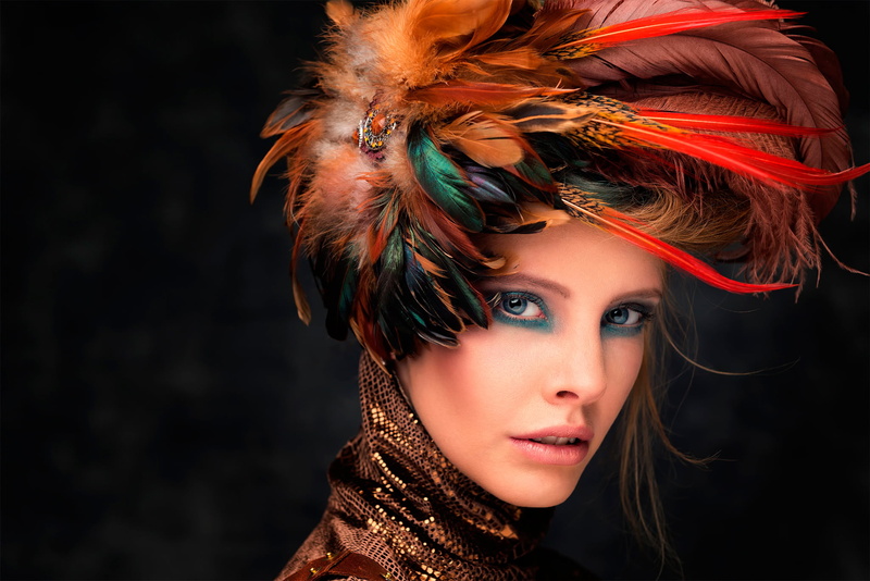 hairstyle, orange, fashion, retouching, feathers, hair, make-up, young adult, red, black background, dyed hair, multi colored, beautiful people, s, women