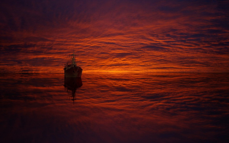 sunset, ship, Retouching, sea, digital art, 1080P