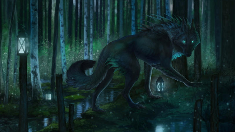 forest, wolf, retouching, 1080P, nature, lantern, by Aivoree, night
