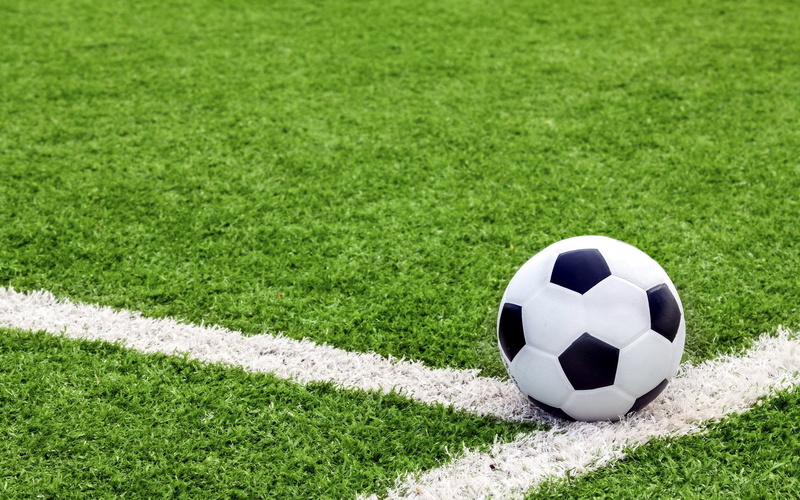 ball, high angle view, competition, playing field, sports equipment, Soccer, grass, nature, soccer field, white, soccer ball, black, turf, outdoors, green color