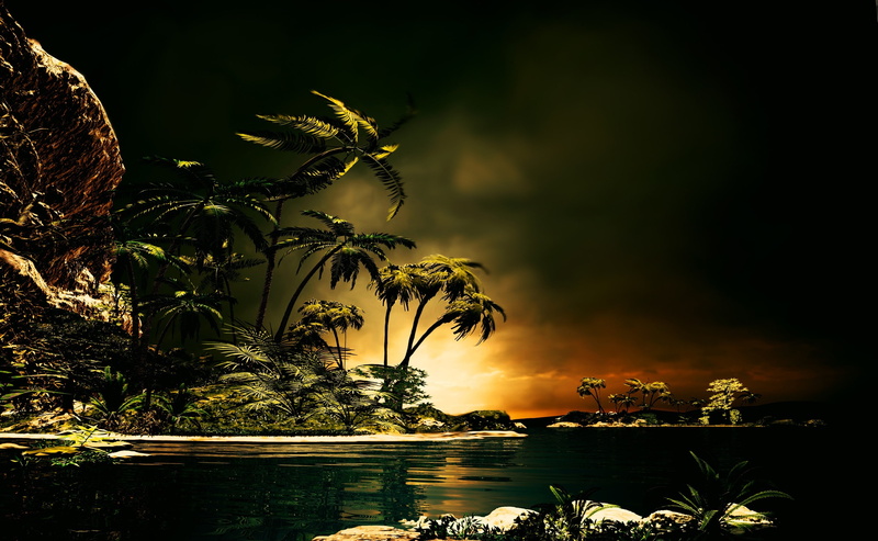 tropical, island, sky, landsacpes, tree, growth, night, tranquility, 2K, tropical climate, water, painting, beauty in nature, nature, 3d art, Artistic