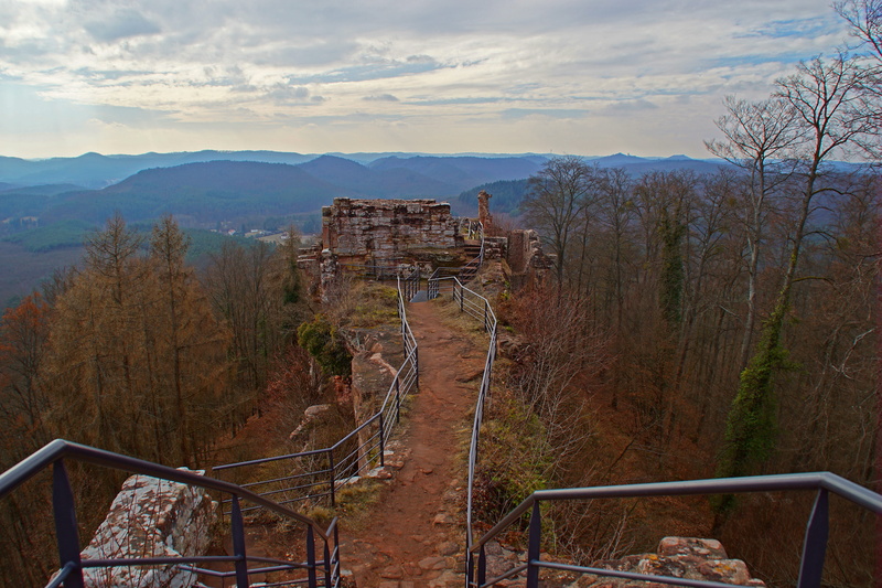 staircase, france, sky, day, non-urban scene, beauty in nature, cloud - sky, landscape, nature, falkenstein, tranquil scene, land, railing, built structure