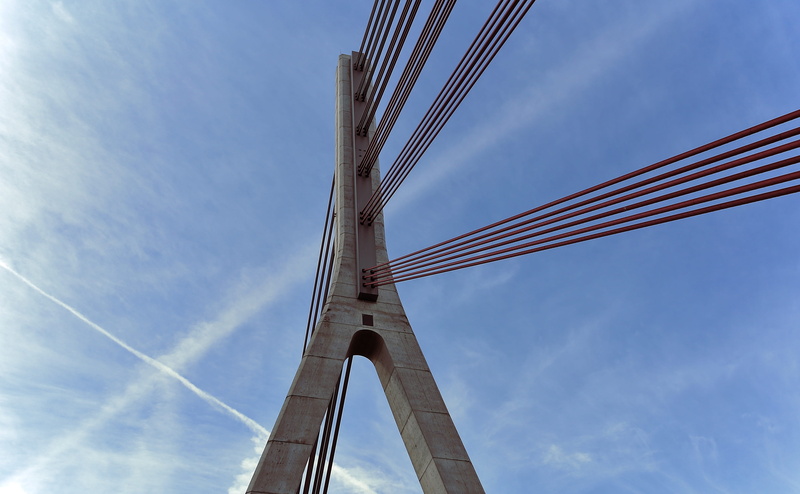 outdoors, wesel, low angle view, transportation, bridge, suspension bridge, rheinbrücke, sky, building, travel, blue, cloud - sky, bridge - man made structure