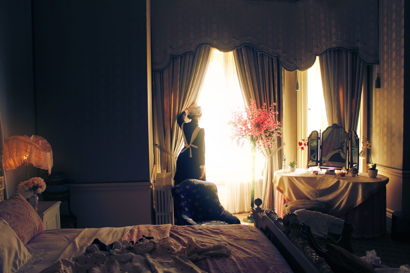 architecture, maid, cozy, woman, pillow, light, 5K, curtain, home interior, manor, textile, old, indoors, lounge, posh, table, sunlight, back, looking