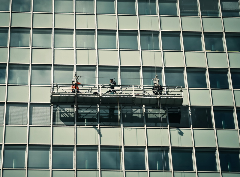 houses facades, group of people, window cleaner, window washer, craftsmen, uniform, 4K, glass - Material, work, facade, office Building, workers, daytime