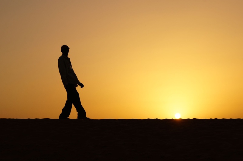 silhouette, shadow, standing, real people, beauty in nature, copy space, sun, dune, sky, land, color, twilight, full length, orange color, clear sky, leisure activity