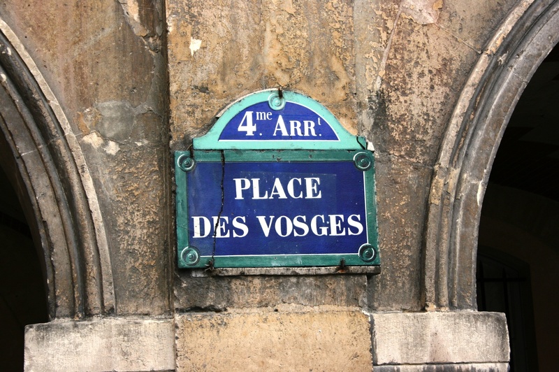 day, sign, information sign, close-up, place de vosges, building, wall, blue, architecture, sunlight, wall - building feature, street sign, text, script