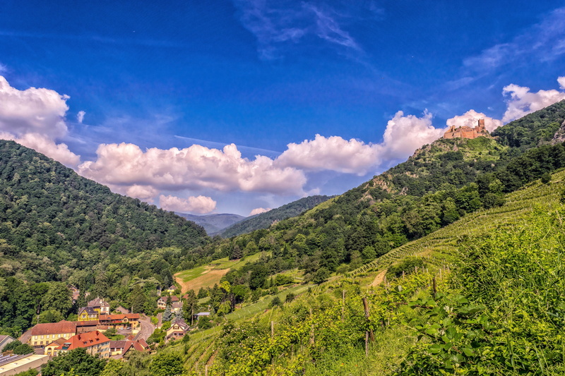 building, day, mountains, tranquil scene, mountain range, green, tree, building exterior, environment, sky, nature, cloud - sky, vosges, landscape, plantation