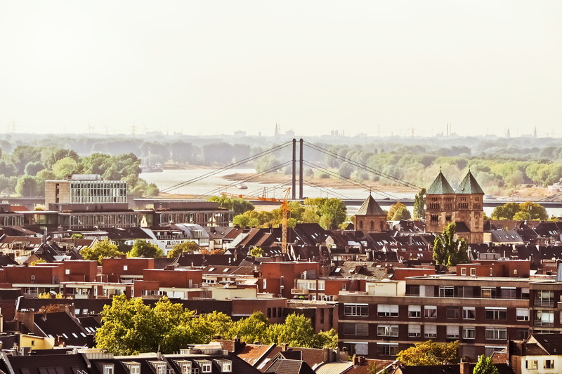 tilt shift, residential district, bridge, high angle view, düsseldorf, 4K, perspective, no people, miniature effect, town center, built structure, building exterior