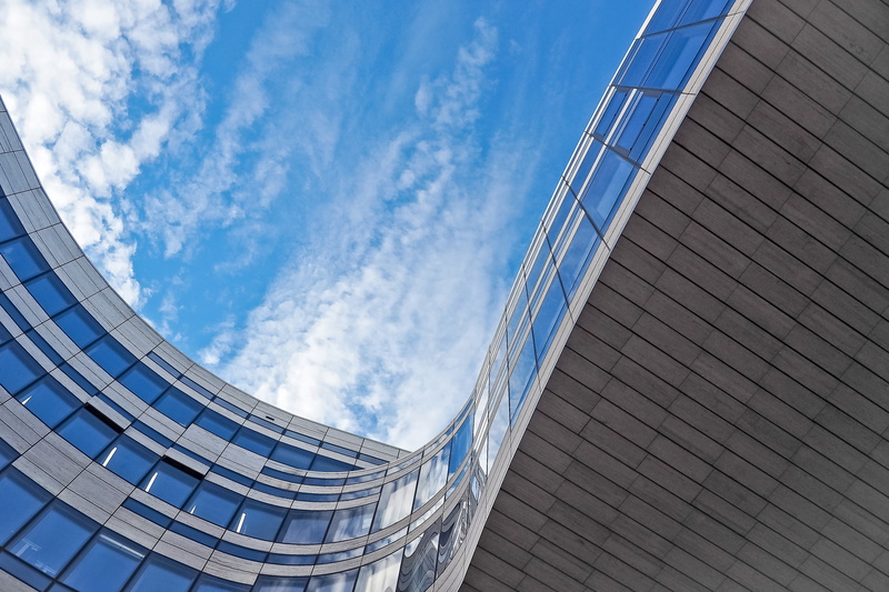 office, perspective, modern architecture, abstract, modern building, kö bow, sky, glass, blue, gray, commercial building, concrete, built structure, glass - material