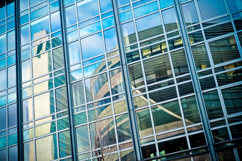 4K, office building, escape, kö bow, full frame, modern, glass - material, view, outdoors, mirroring, düsseldorf, day, low angle view, perspective, no people