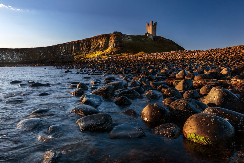 castle, 720P, sunset, rock - Object, coastline, seascape, stones, Explored, landscape, blue, Northumberland, Coastal, blue sky, Dunstanburgh  Castle, Dunstanburgh Castle