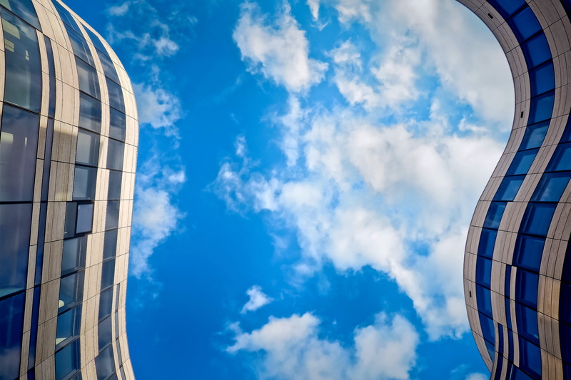 low angle view, no people, futuristic, outdoors, low angle shot, arch, office building, expression, city, kö bow, düsseldorf, reflection, directly below