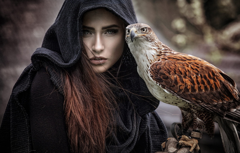 hood, pet, eyes, Cape, portrait, long-haired, 1080P, predatory, girl, bird, spectacular, look, brown hair, Falcon, the dark background, each, claws