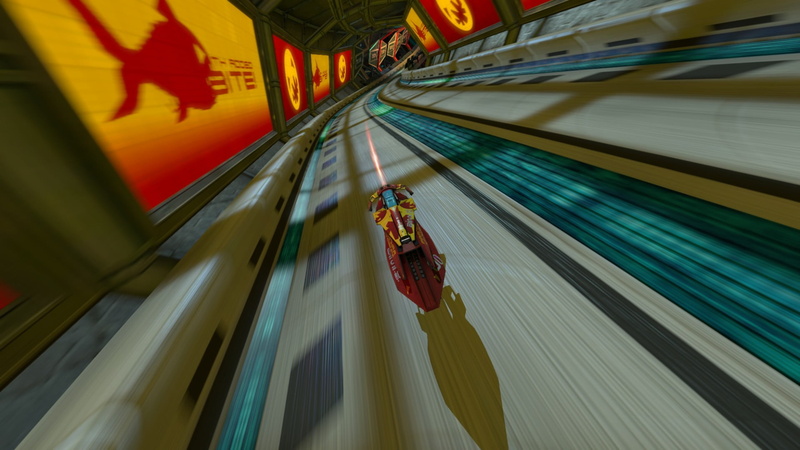 no people, blurred motion, high angle view, flag, amusement park, Piranha, speed, white, outdoors, Wipeout HD, representation, wooden, sport, video games