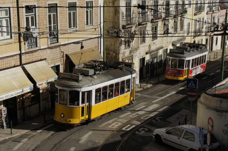 transportation, old town, building, train - vehicle, lisbon, mode of transportation, transport, track, building exterior, built structure, street, portugal