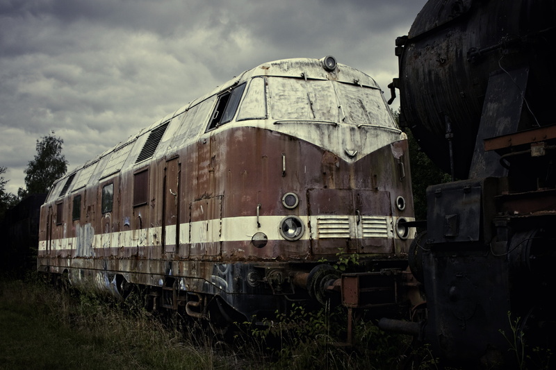 transportation, decline, metal, deterioration, rusty, damaged, near, field, means of transport, train, wreck, red, sky, white, train - vehicle, railway carriages