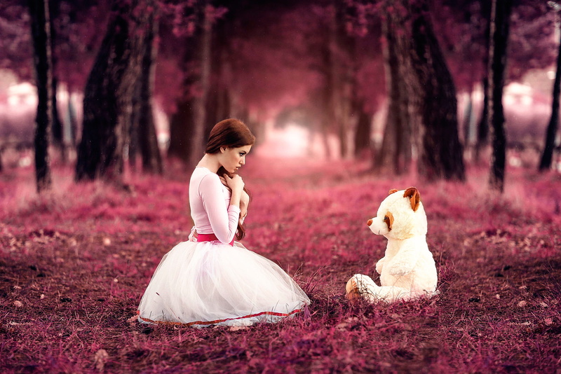 girl, bear, Alessandro Di Cicco, Sweet little girl, 1080P
