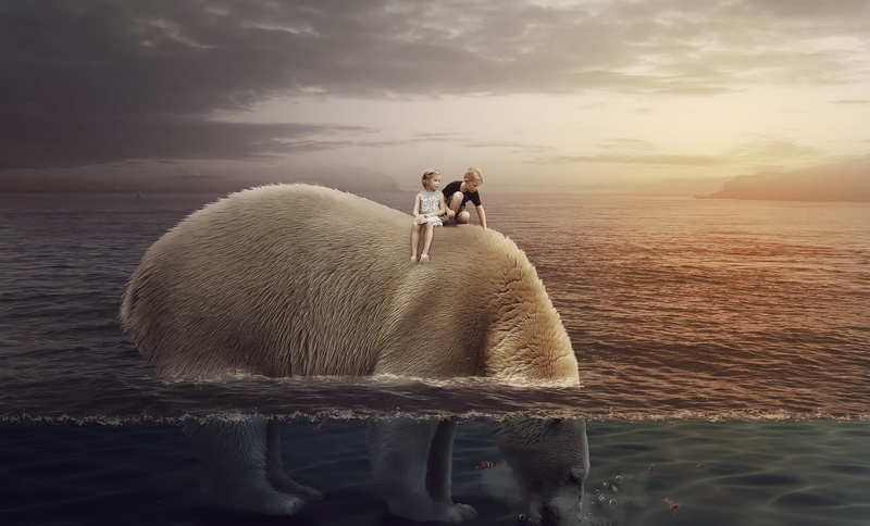Ocean, Little Boy, Child, Polar Bear, Giant, 1080P, Little Girl, Fantasy