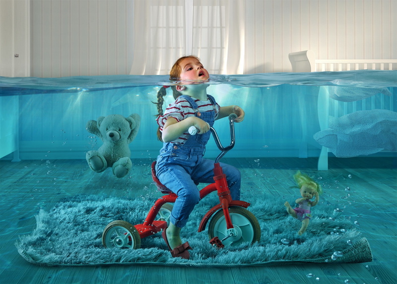 Little Girl, Water, Doll, 1080P, Artistic, Fantasy, Tricycle, Dream, Teddy Bear