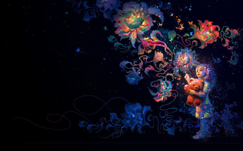 Flower, Girl, Stuffed Animal, Little Girl, Artistic, Teddy Bear, Colorful, Child, Colors, 1080P