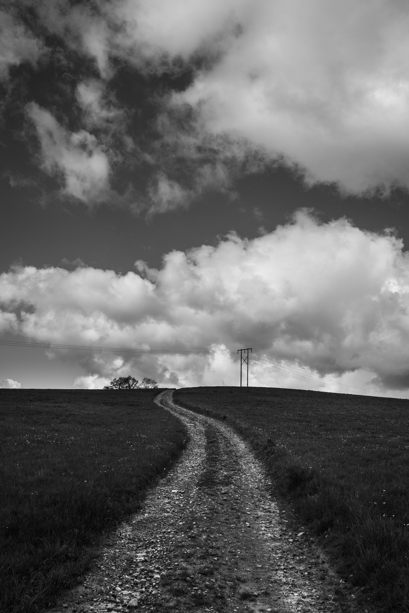 no people, dark, outdoor, road, walking, direction, dom, plant, antenne, wander, clouds, country, contrast, black white, day, dirt road, outside, tranquil scene