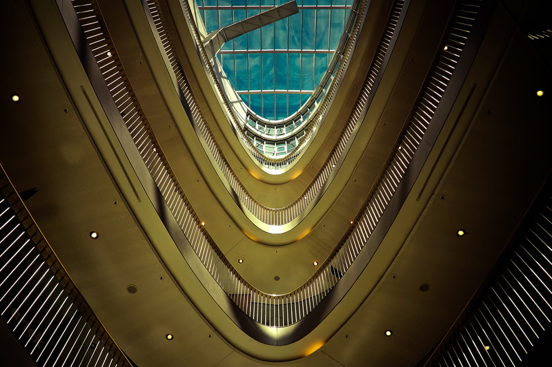 office building, light fixture, staircase, building, shopping, about, metal, 4K, bluish, roof, high, pattern, skyscraper, architecture, blue, lighting equipment