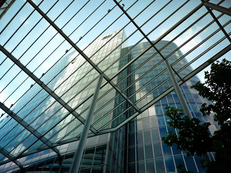 bluish, glass, city, day, architecture, reflection, pattern, tree, low angle view, office building exterior, modern, office, nature, 2K, building, built structure