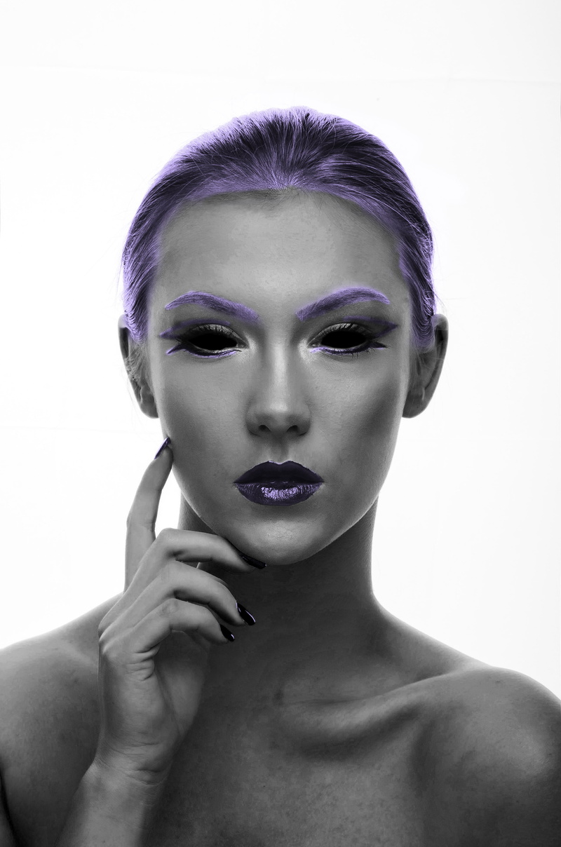 headshot, young women, dyed hair, portrait, make-up, isolated, front view, studio shot, white background, purple, human face, black and white, young adult