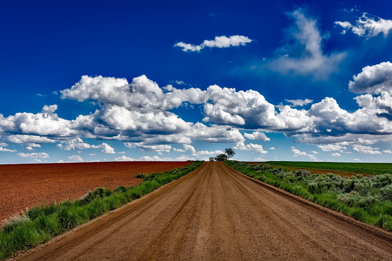 vanishing point, horizon, 1080P, long, road, semi-arid, scenics - nature, brown, transportation, farm, horizon over land, endless, environment, dirt, blue