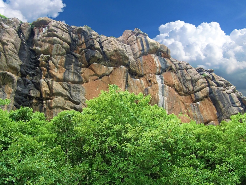 plant, summer, sunny, stone wall, fluffy, high, stone, rock - object, geological, mighty, trees, geology, clouds, natural formation, green color, canyon