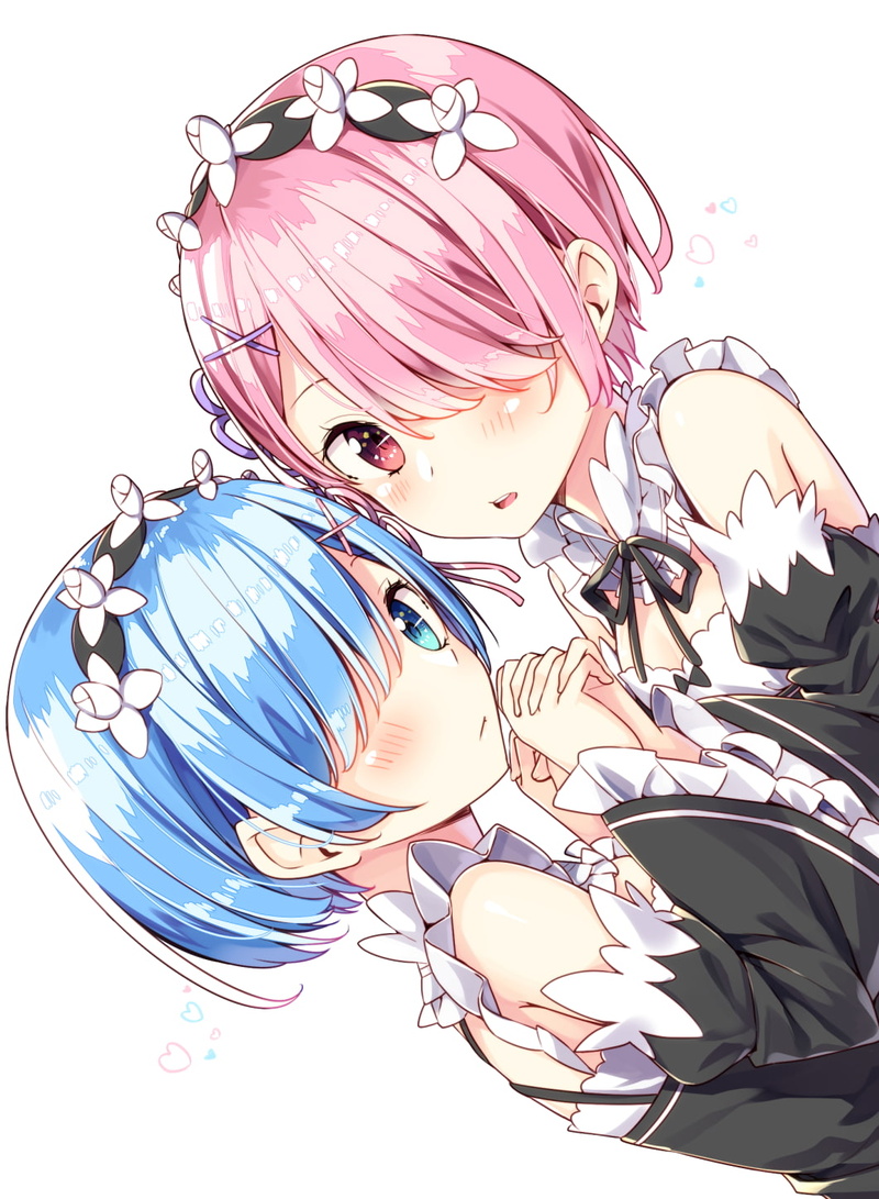 short hair, blue hair, blue eyes, anime, pink hair, Rem (Re: Zero), maid, pink eyes, Re:Zero Kara Hajimeru Isekai Seikatsu, Ram (Re: Zero), 720P, anime