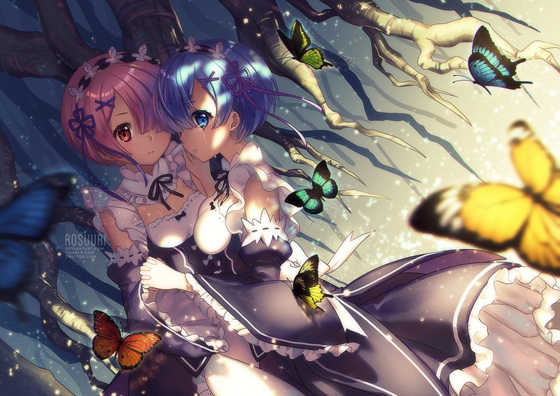 tears, pink hair, pink eyes, blue eyes, butterfly, Re:Zero Kara Hajimeru Isekai Seikatsu, maid, Ram (Re: Zero), blue hair, 720P, Rem (Re: Zero)