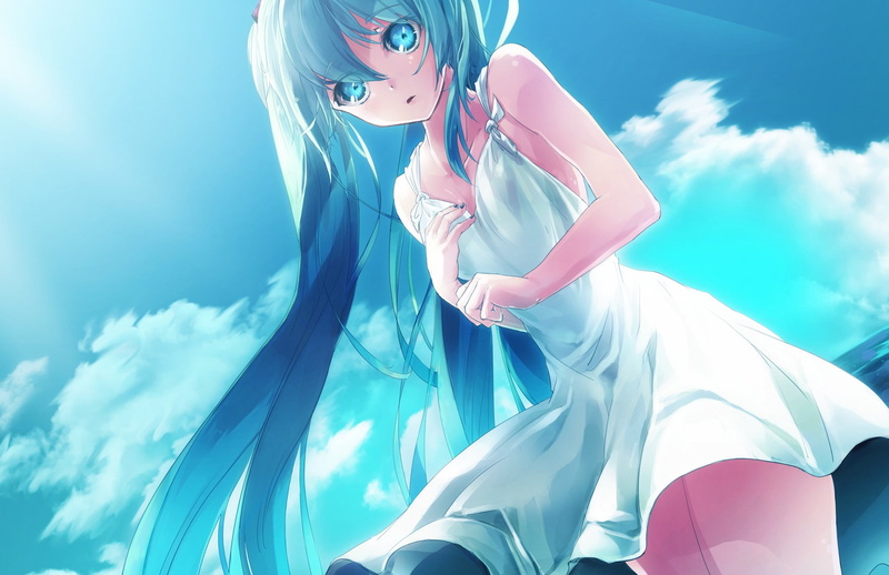 sky, vocaloid, miku, hatsune, 720P, white dress, dress, hatsune miku, clouds, white
