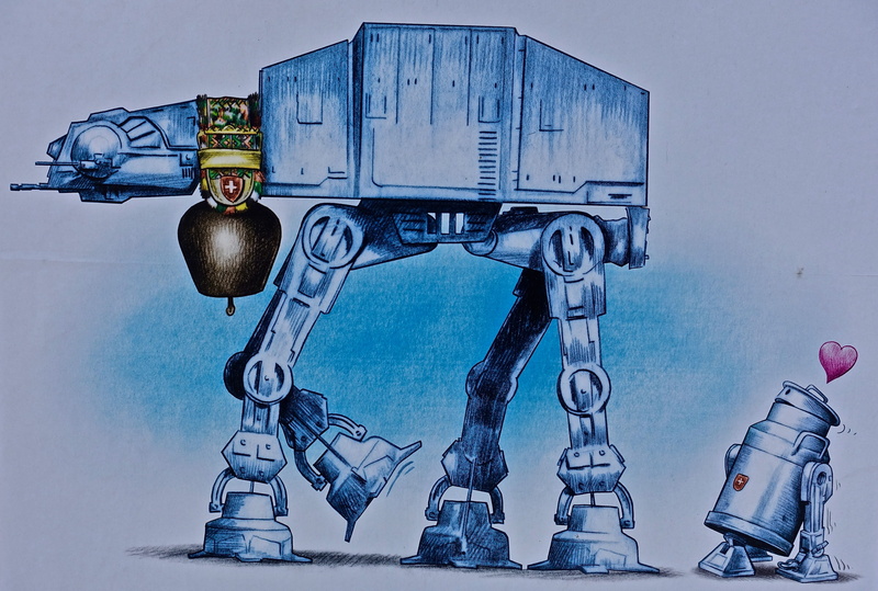outdoors, robot, text, mechanical, old, blue, mode of transportation, art and craft, machine, nature, creativity, android, 5K, day, metal, no people, cartoon